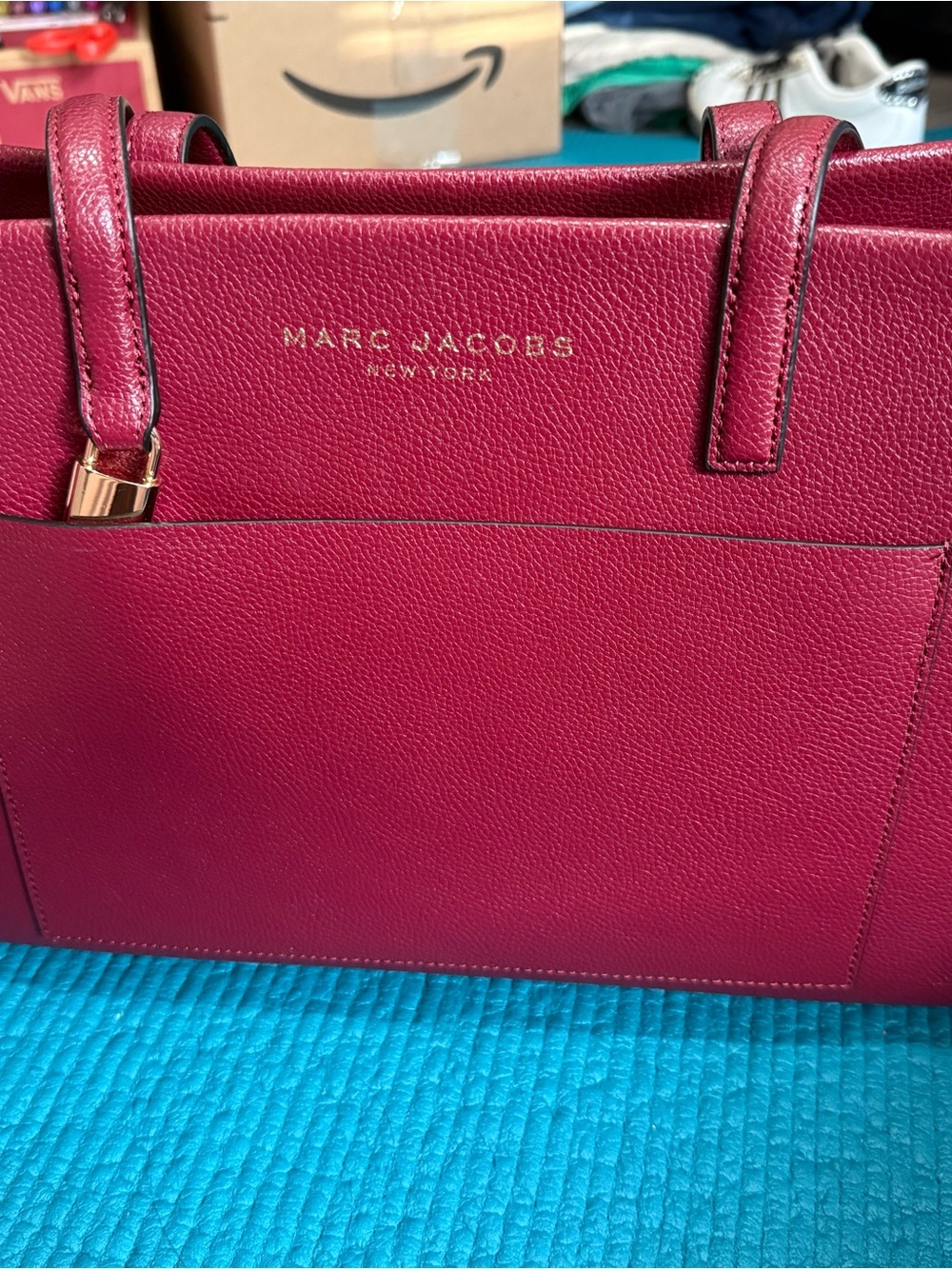 Marc Jacobs Cherry Red Pebbled Leather Tote with Gold Accents